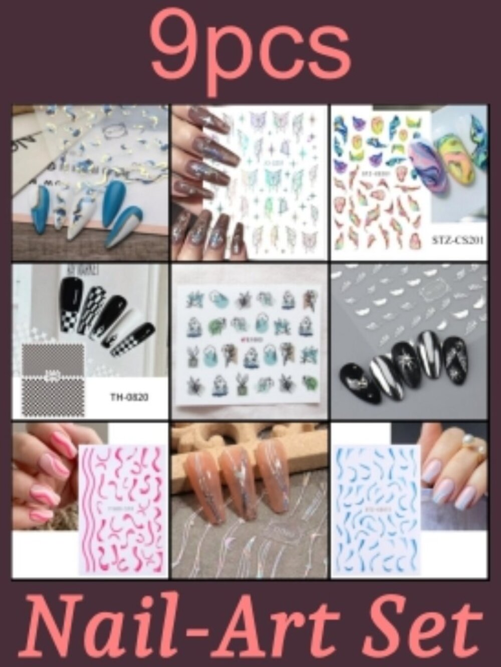 9 Sheets Self‑Adhesive 3D Nail Art Holographic & Metallic Decal NEW Manicure Set
